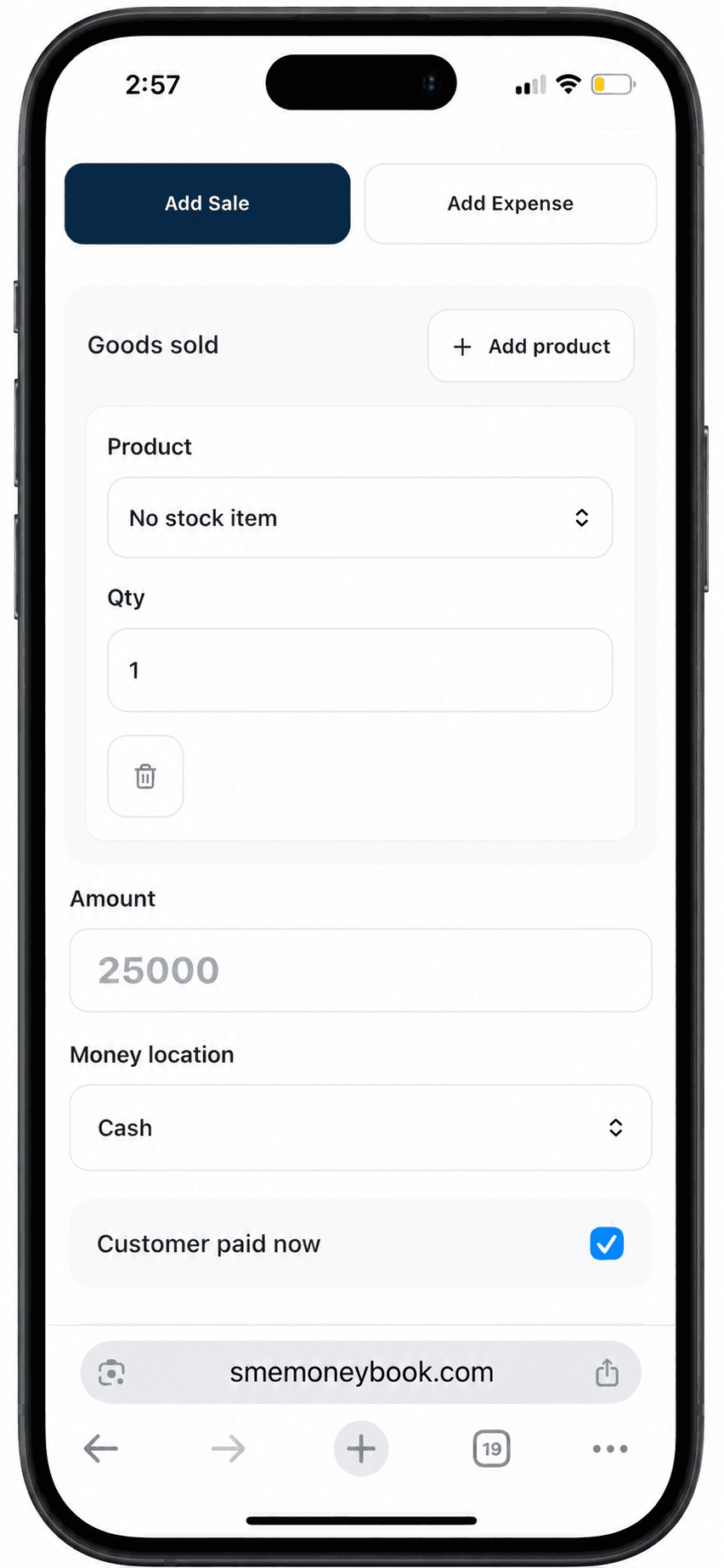SME MoneyBook add sale screen showing product, amount, money location, and customer payment fields.