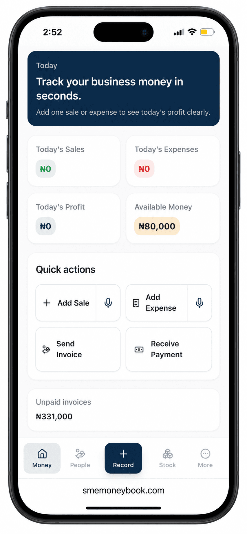 SME MoneyBook mobile dashboard showing today's sales, expenses, profit, available money, and quick actions.